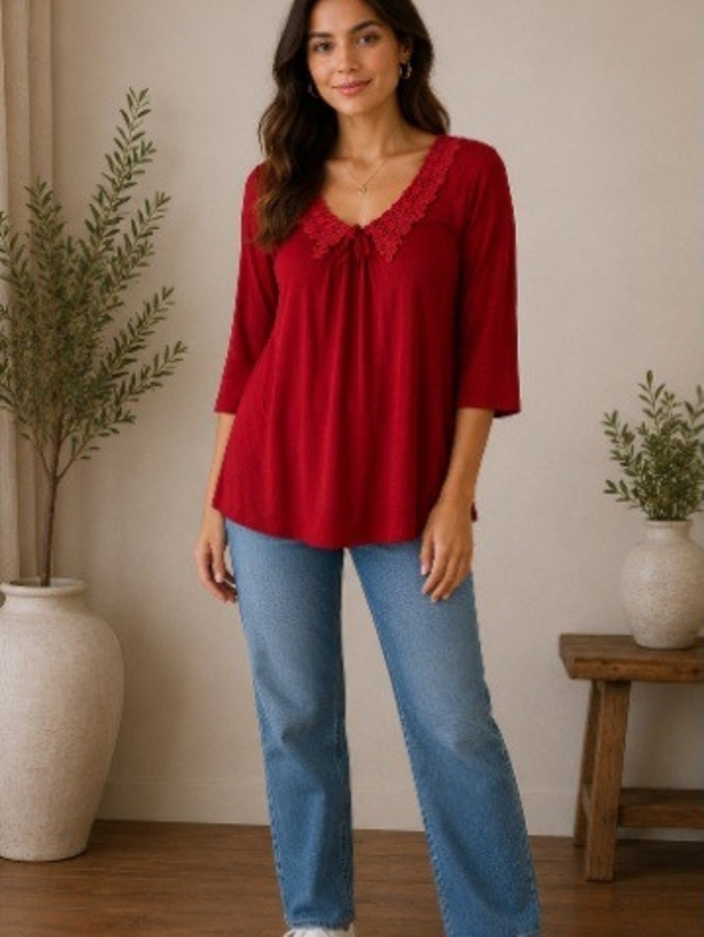 Red Lace Collar Boho Tunic Top | Flowy 3/4 Sleeve Blouse